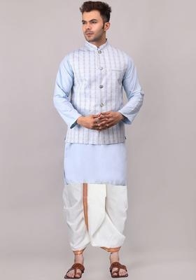 Blue Printed Cotton Kurta Set For Men