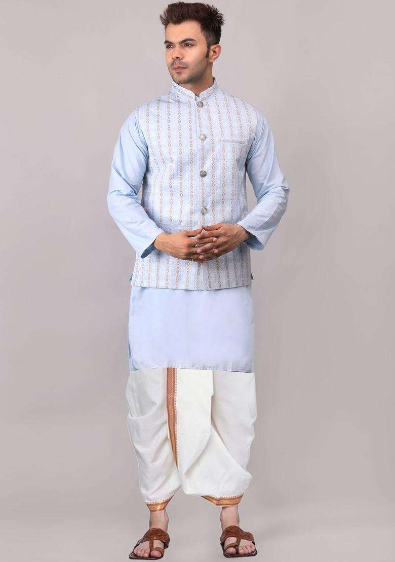 Blue Printed Cotton Kurta Set For Men - Indya
