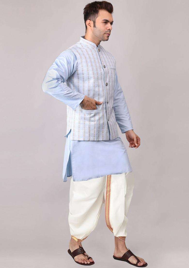 Blue Printed Cotton Kurta Set For Men - Indya