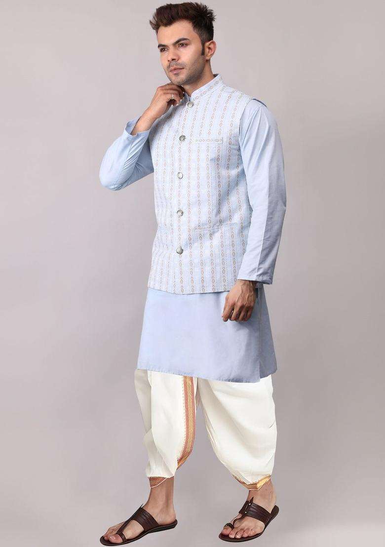 Blue Printed Cotton Kurta Set For Men - Indya