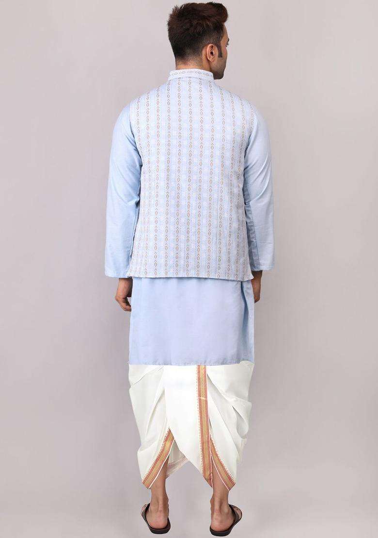 Blue Printed Cotton Kurta Set For Men - Indya