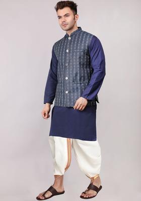 Navy Blue Solid Cotton Kurta Set For Men