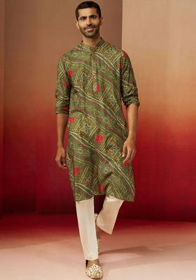 Green Printed Silk Kurta Set For Men