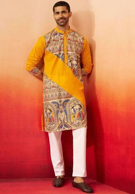 Yellow Printed Cotton Kurta Set For Men