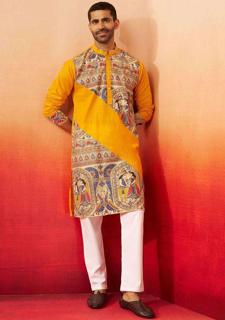 Yellow Printed Cotton Kurta Set For Men - Indya