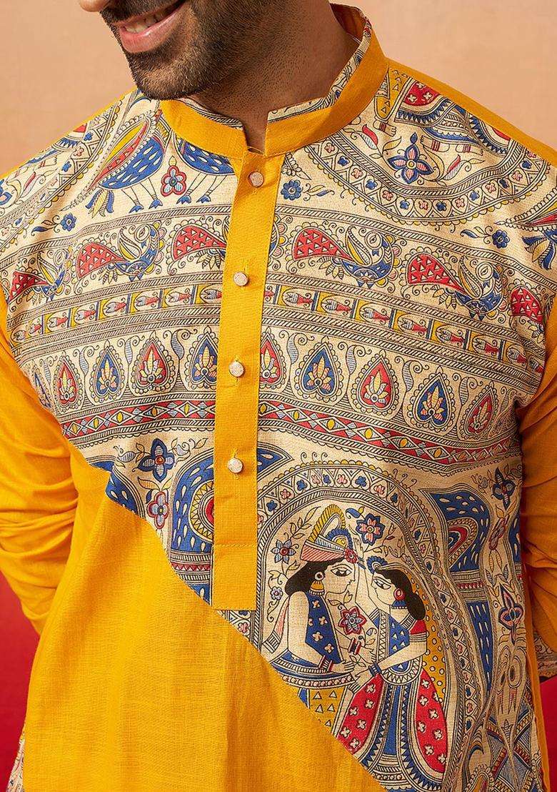 Yellow Printed Cotton Kurta Set For Men - Indya