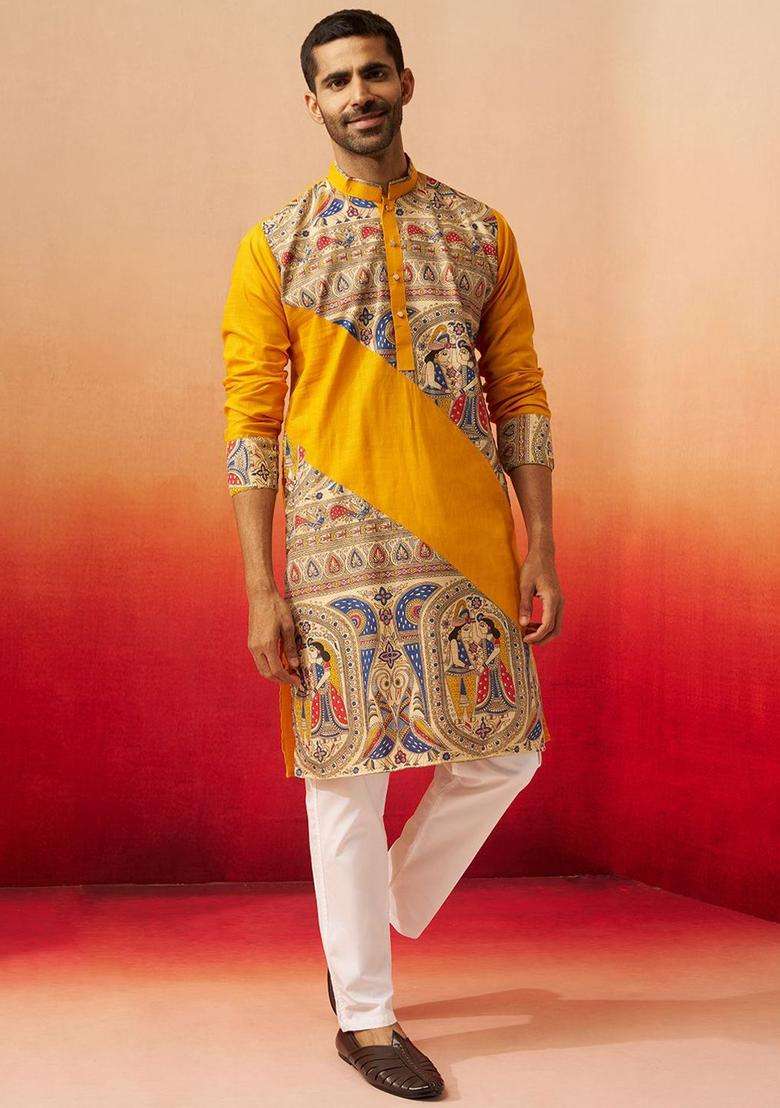 Yellow Printed Cotton Kurta Set For Men - Indya