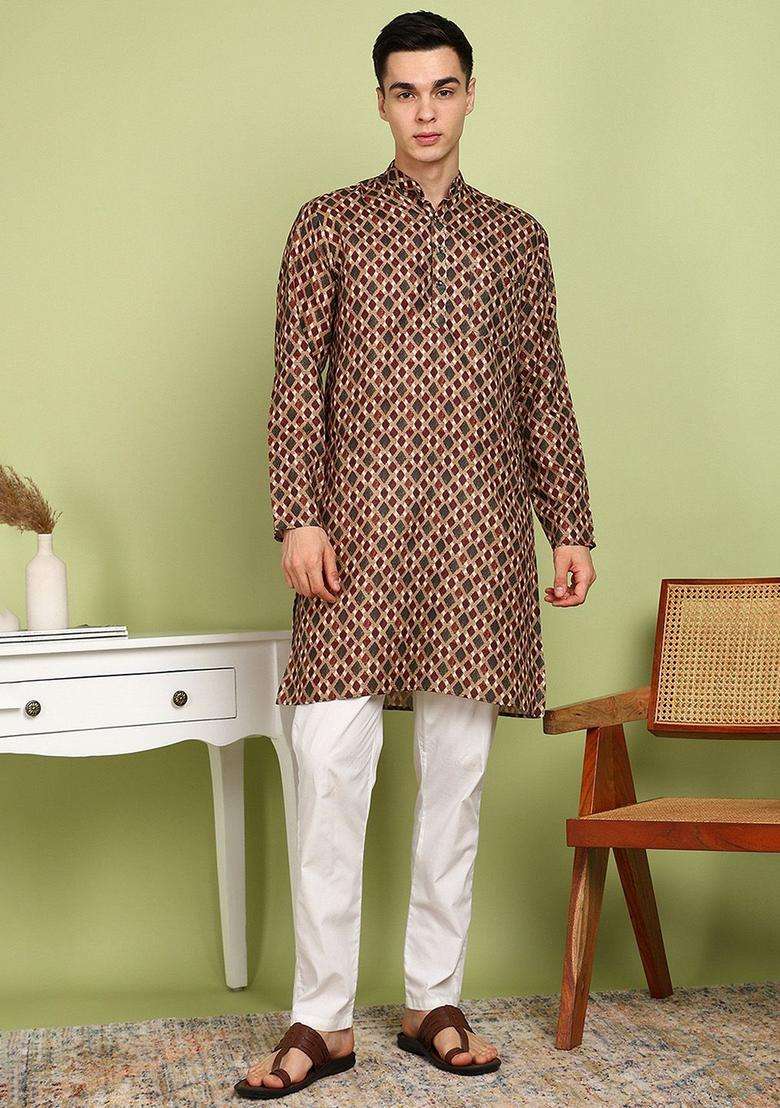 Maroon Printed Cotton Kurta Set For Men - Indya