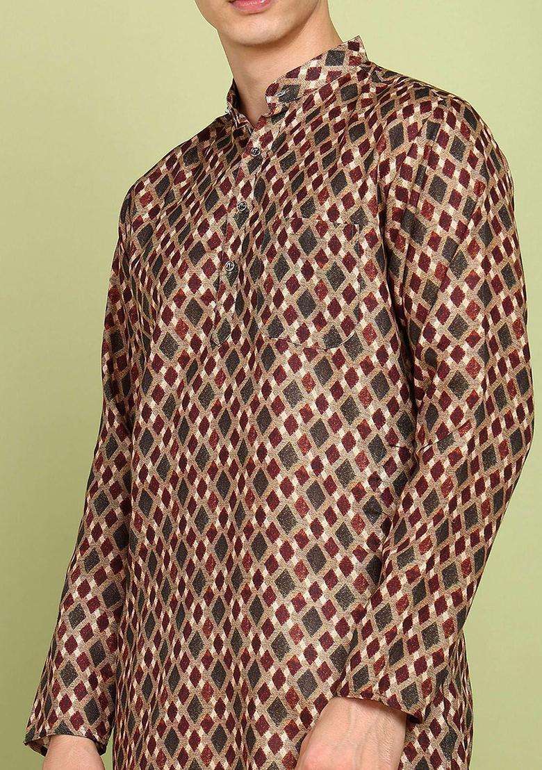 Maroon Printed Cotton Kurta Set For Men - Indya