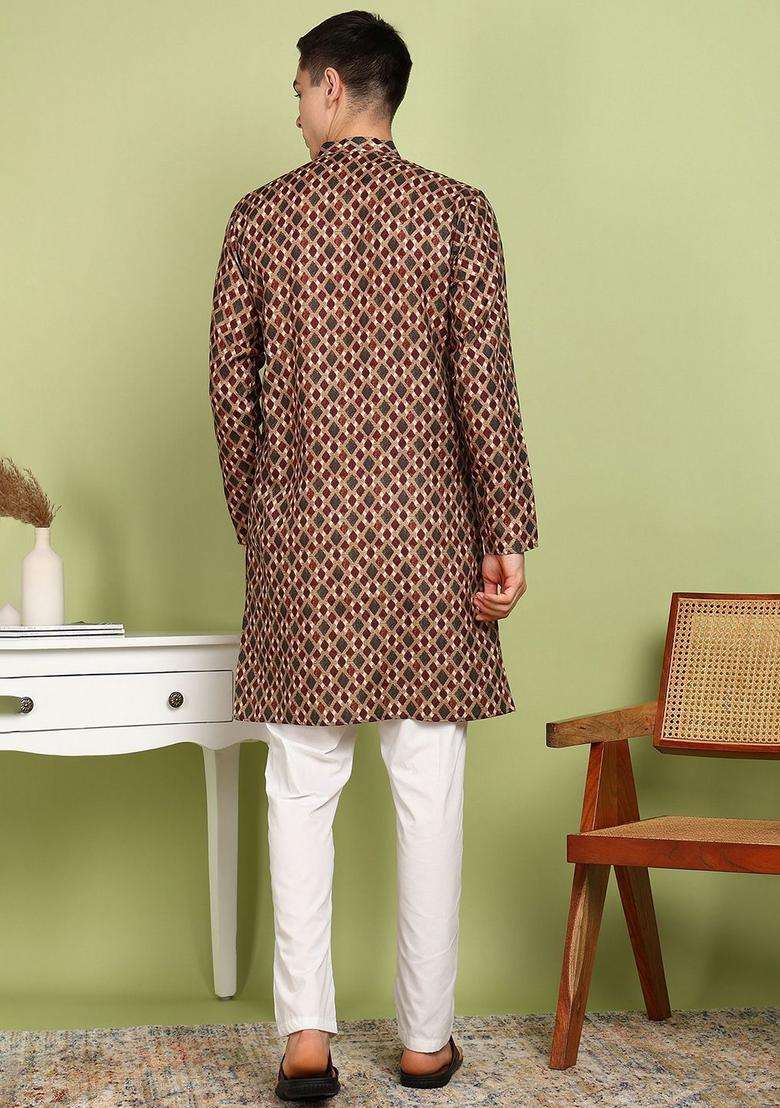 Maroon Printed Cotton Kurta Set For Men - Indya