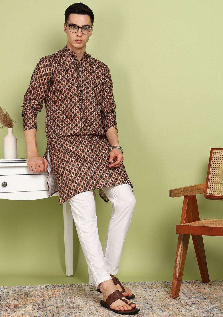 Maroon Printed Cotton Kurta Set For Men - Indya