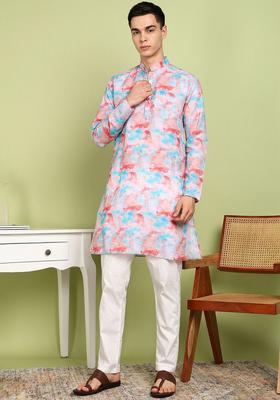 Blue Printed Cotton Kurta Set For Men