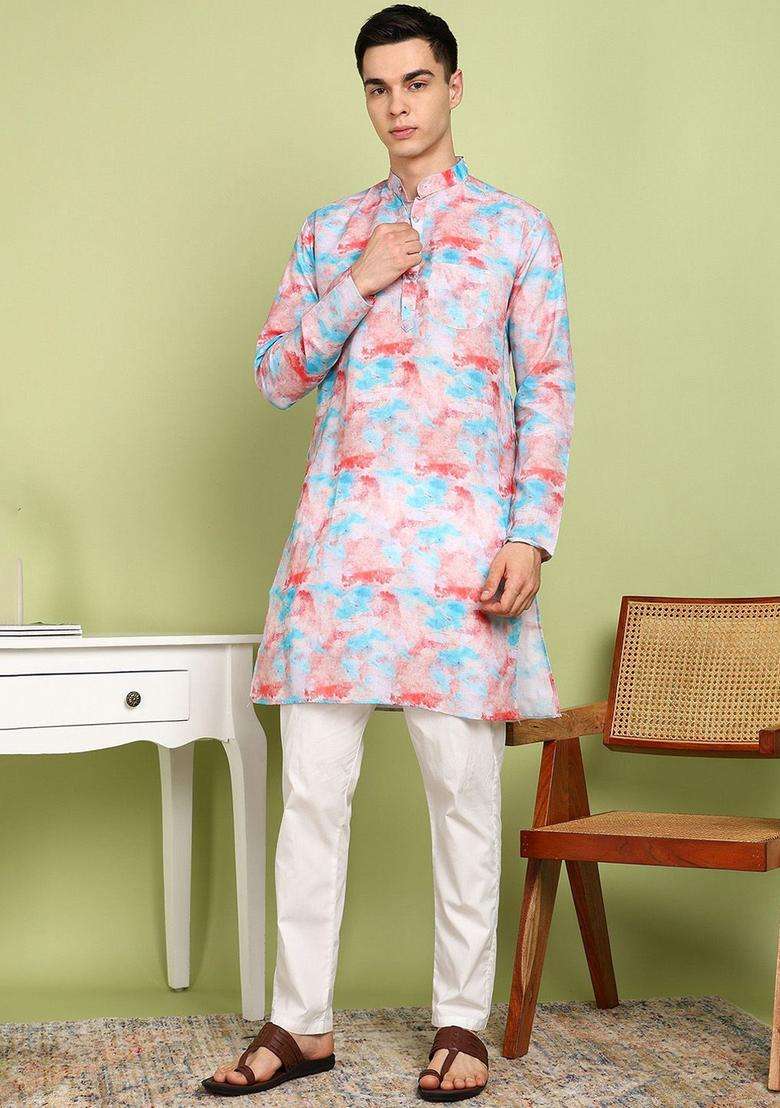 Blue Printed Cotton Kurta Set For Men - Indya