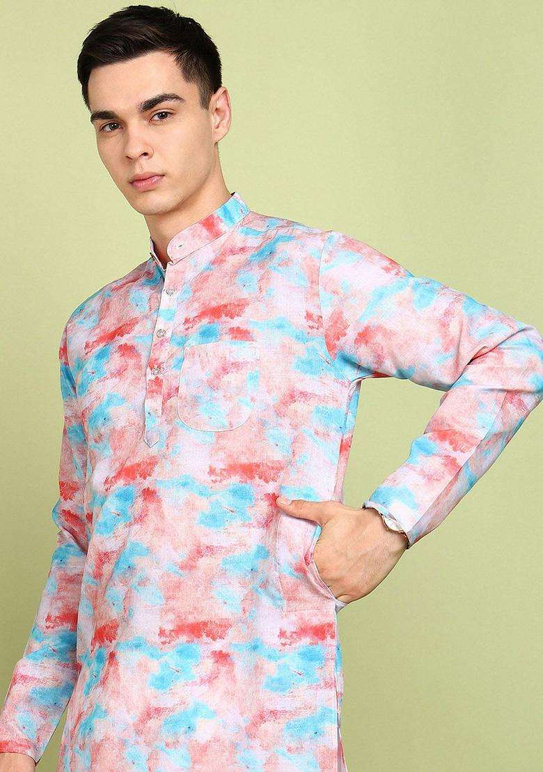 Blue Printed Cotton Kurta Set For Men - Indya