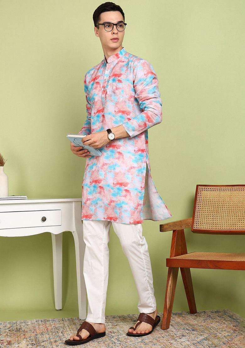 Blue Printed Cotton Kurta Set For Men - Indya