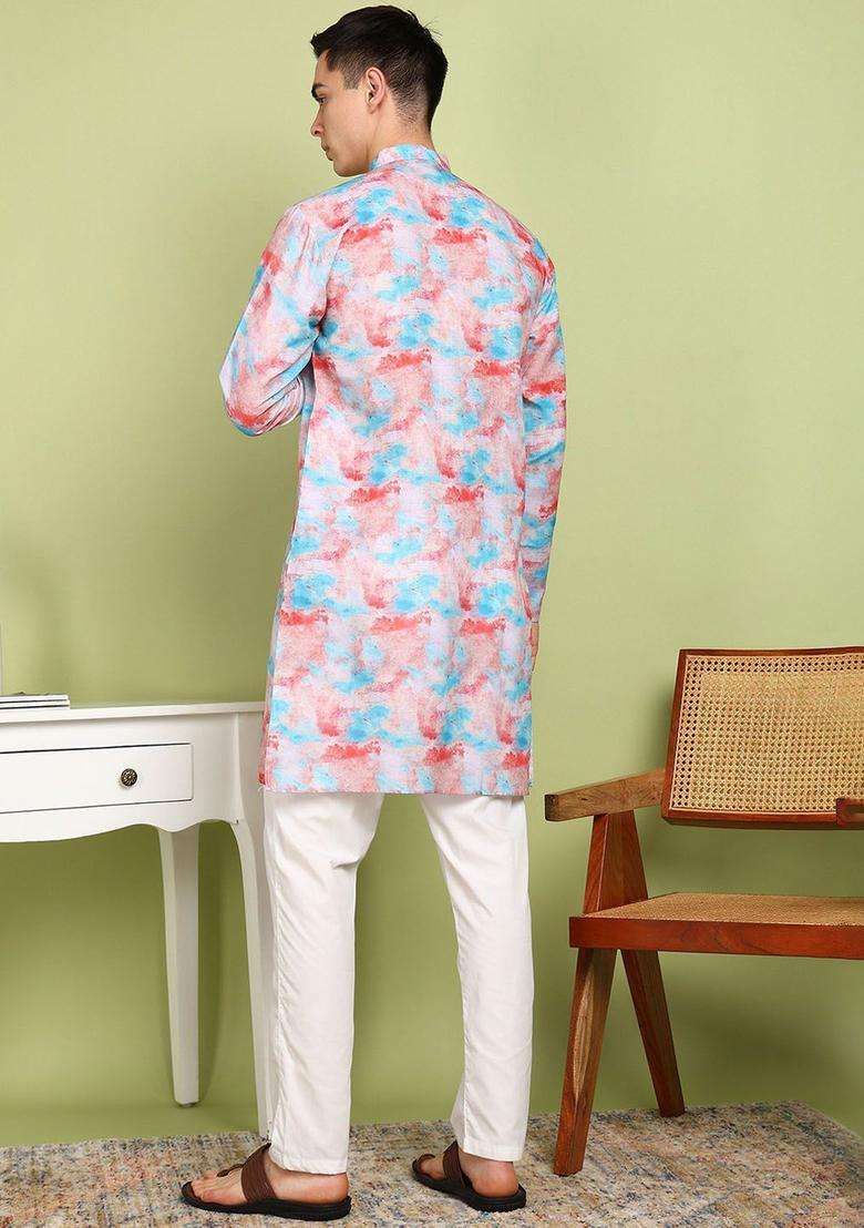 Blue Printed Cotton Kurta Set For Men - Indya