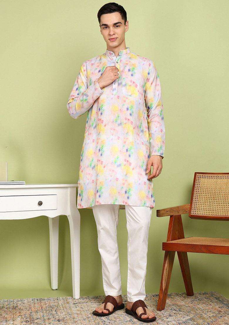 Beige Printed Cotton Kurta Set For Men - Indya