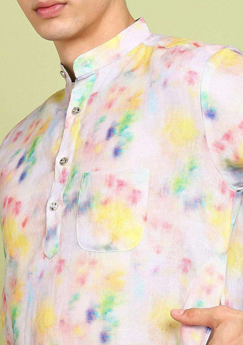 Beige Printed Cotton Kurta Set For Men - Indya