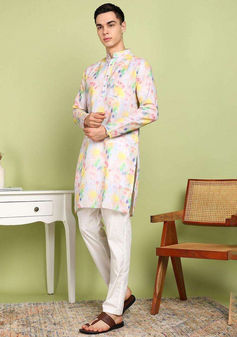 Beige Printed Cotton Kurta Set For Men - Indya