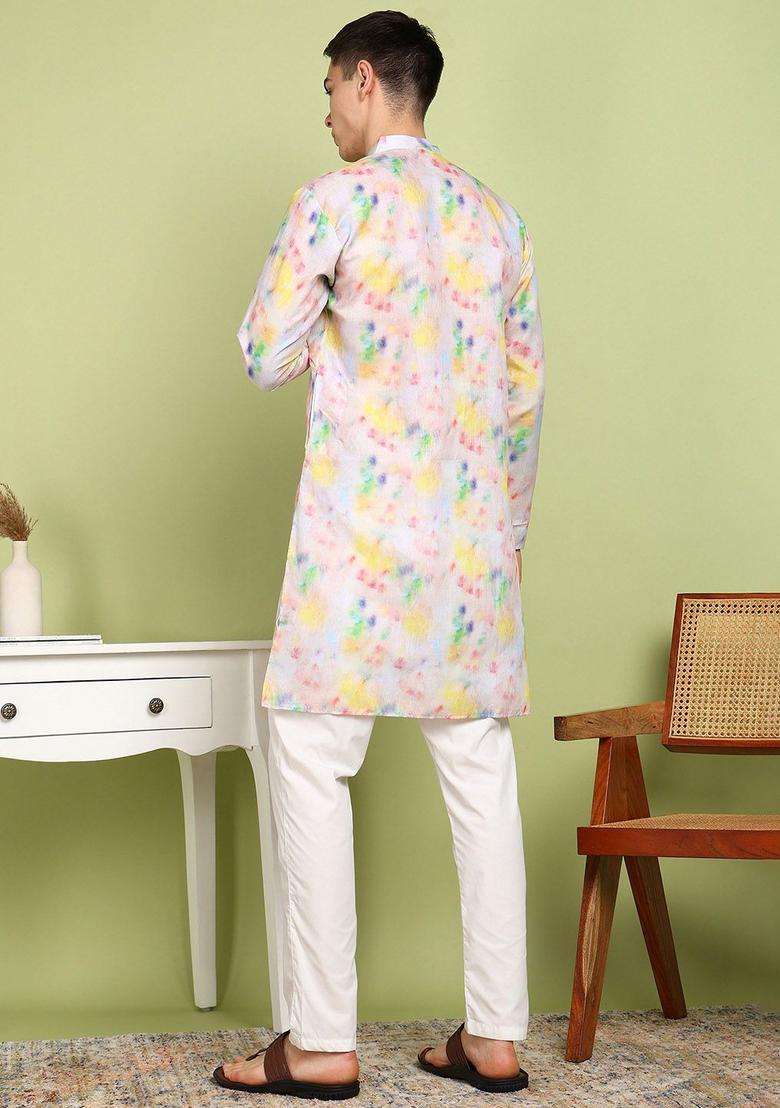 Beige Printed Cotton Kurta Set For Men - Indya