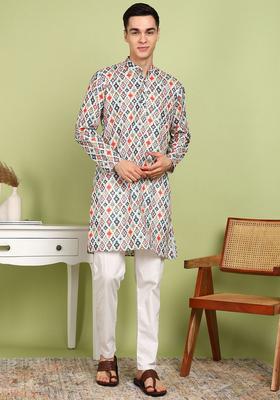 Orange Printed Cotton Kurta Set For Men
