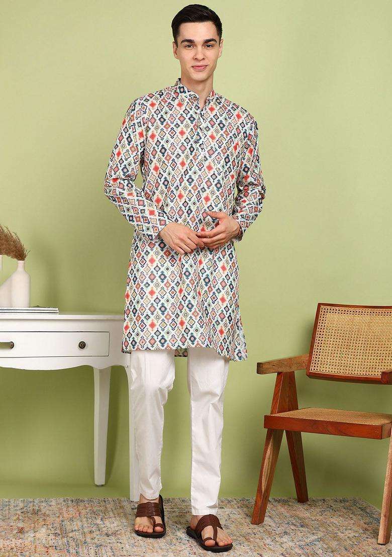 Orange Printed Cotton Kurta Set For Men - Indya