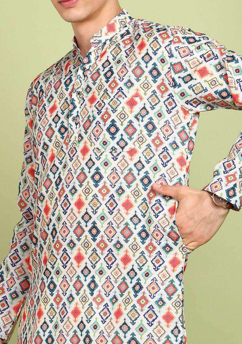 Orange Printed Cotton Kurta Set For Men - Indya