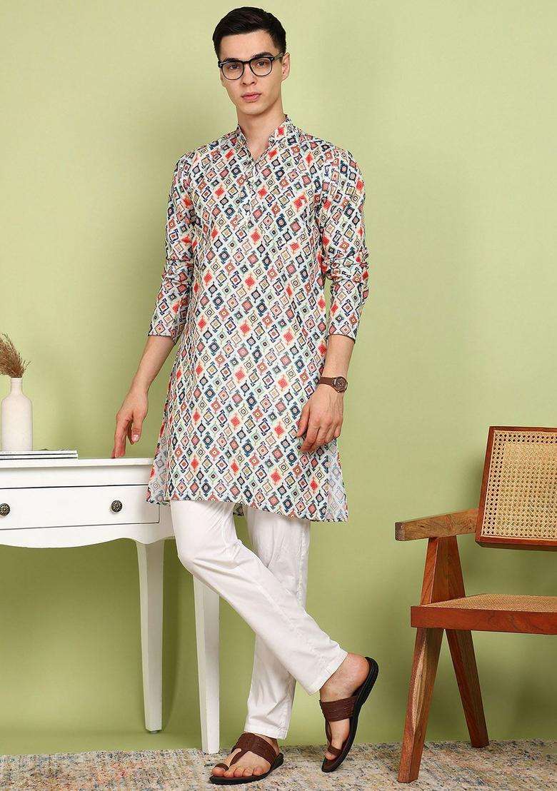 Orange Printed Cotton Kurta Set For Men - Indya
