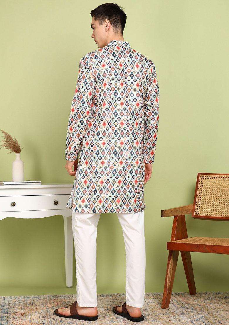 Orange Printed Cotton Kurta Set For Men - Indya