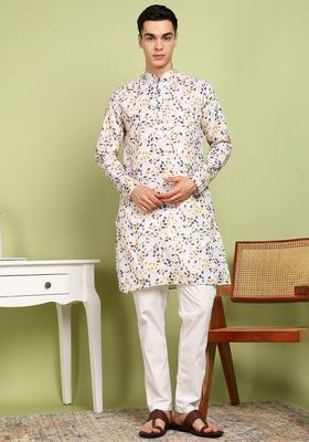 Beige Printed Cotton Kurta Set For Men