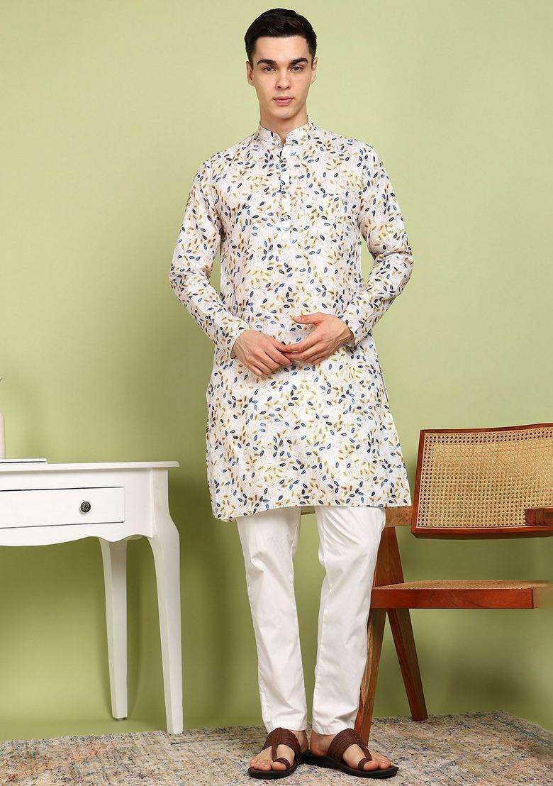 Beige Printed Cotton Kurta Set For Men - Indya