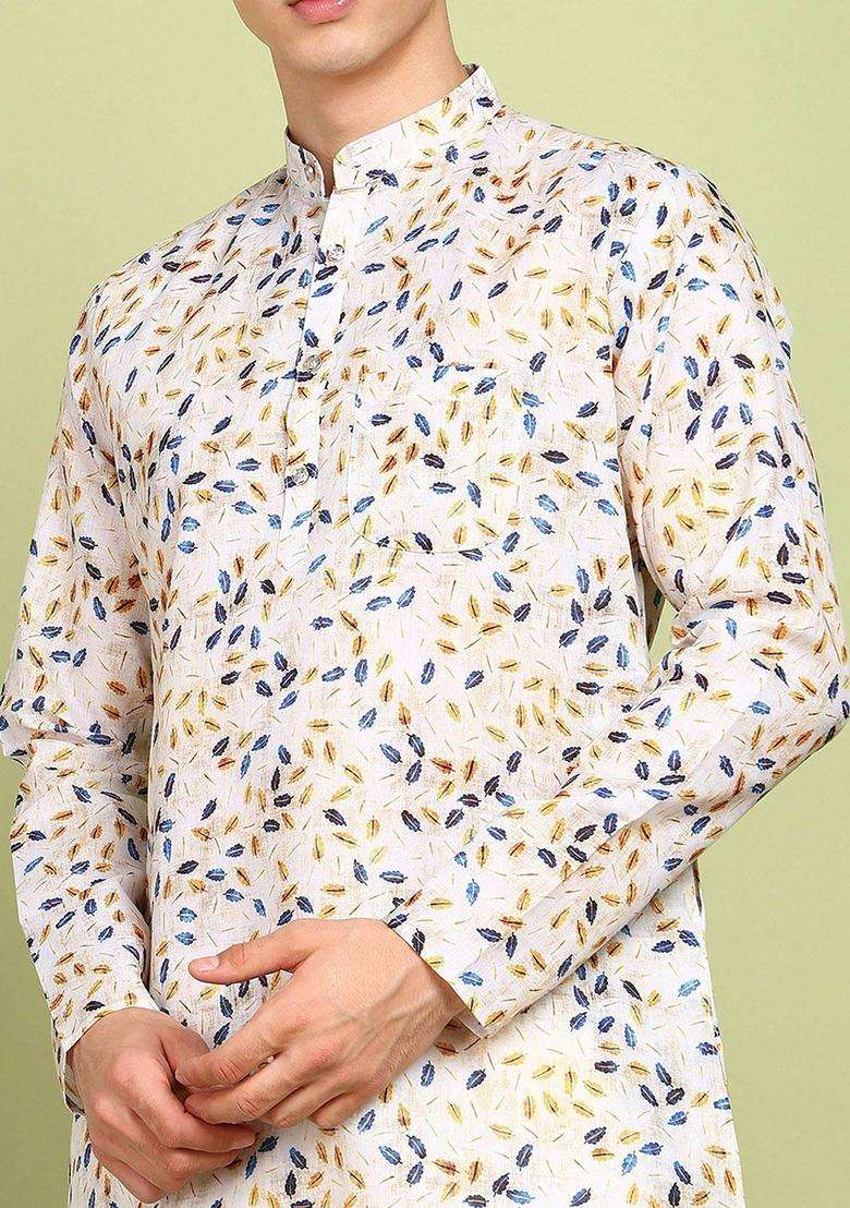 Beige Printed Cotton Kurta Set For Men - Indya