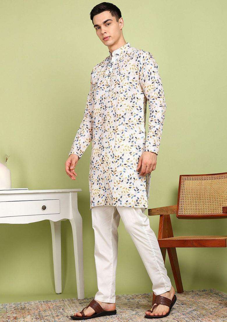 Beige Printed Cotton Kurta Set For Men - Indya