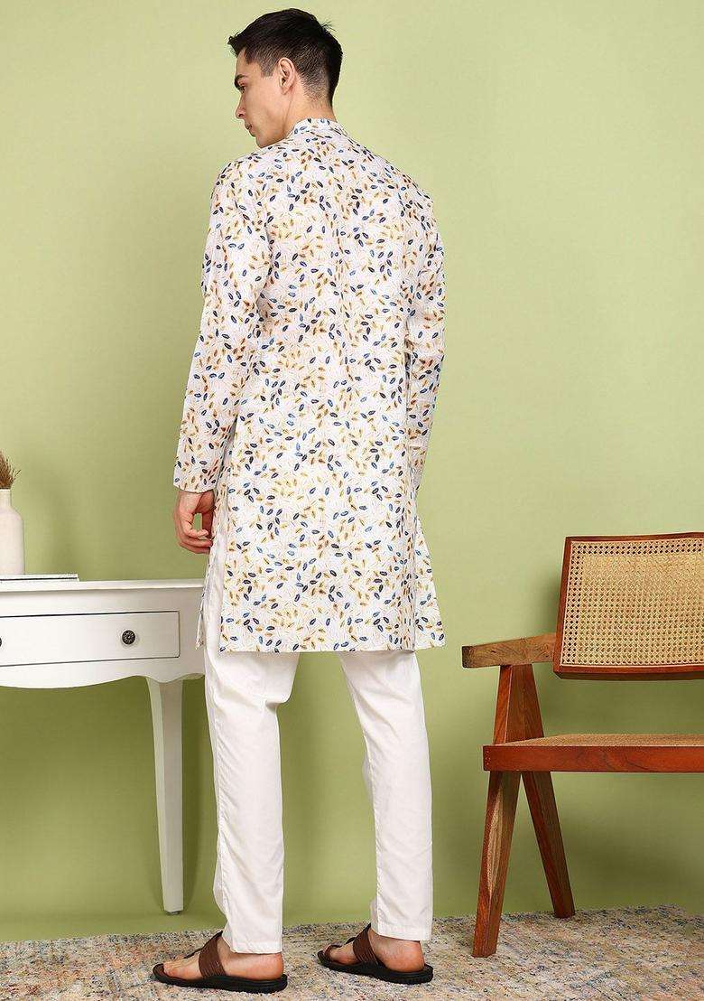 Beige Printed Cotton Kurta Set For Men - Indya