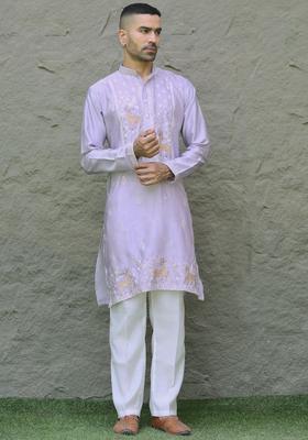 Mauve Embroidered Silk Kurta Set For Men