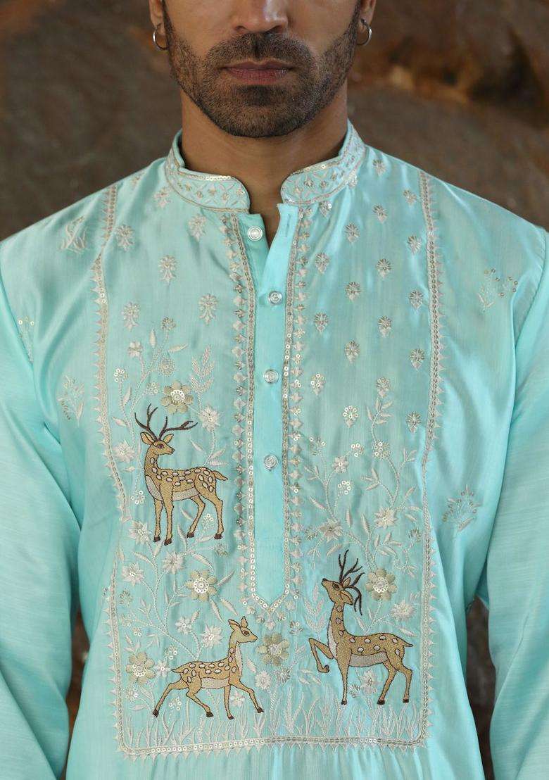 Turquoise Blue Embroidered Silk Blend Kurta Set For Men - Indya