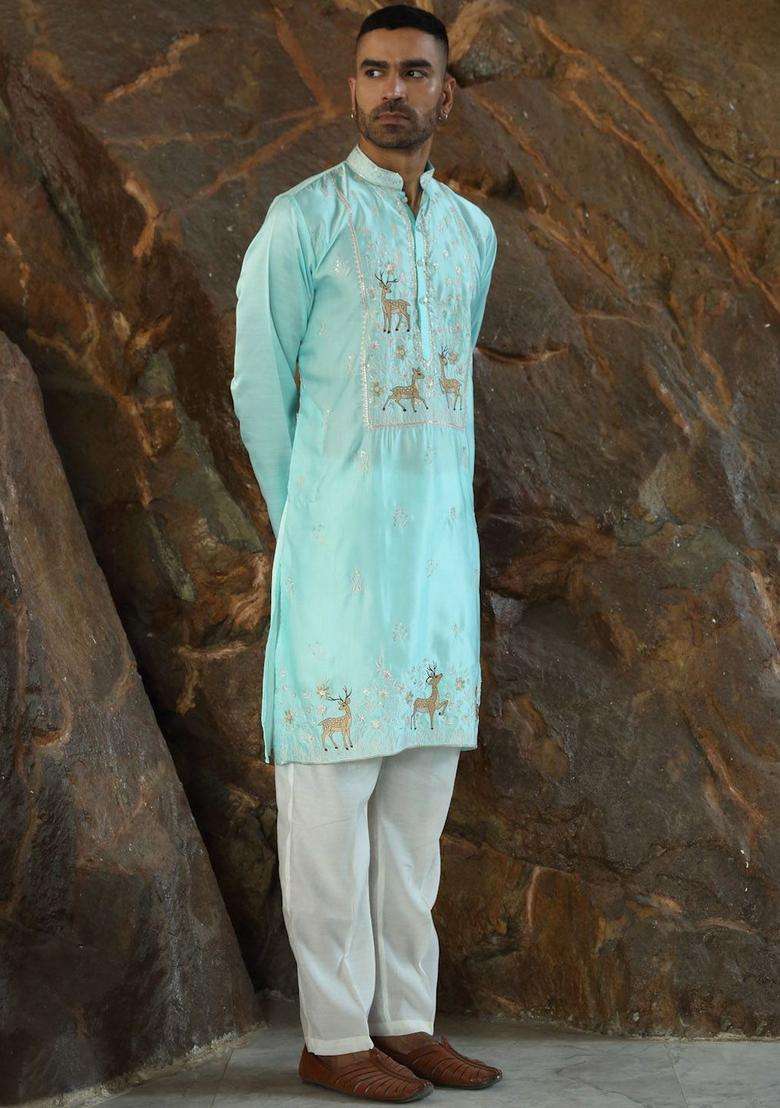 Turquoise Blue Embroidered Silk Blend Kurta Set For Men - Indya