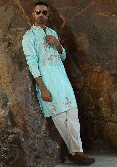Turquoise Blue Embroidered Silk Blend Kurta Set For Men