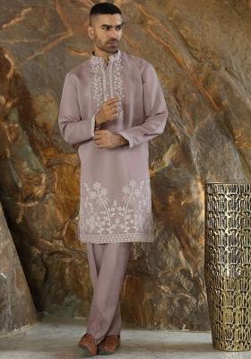 Lavender Embroidered Silk Blend Kurta Set For Men
