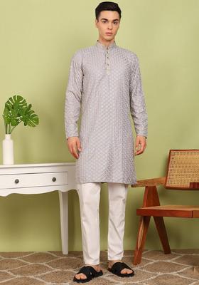 Grey Embroidered Cotton Kurta Set For Men