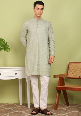 Sea Green Embroidered Cotton Kurta Set For Men