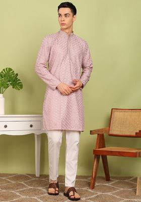 Pink Embroidered Cotton Kurta Set For Men