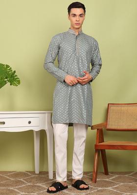Grey Embroidered Cotton Kurta Set For Men