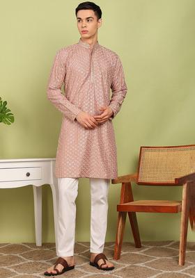 Orange Embroidered Cotton Kurta Set For Men