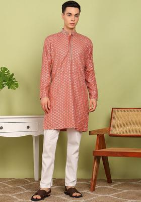 Peach Embroidered Cotton Kurta Set For Men