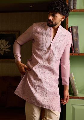 Pink Embroidered Silk Kurta Set For Men