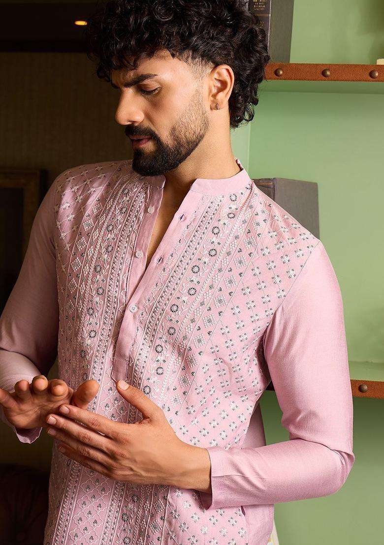 Pink Embroidered Silk Blend Kurta Set For Men - Indya