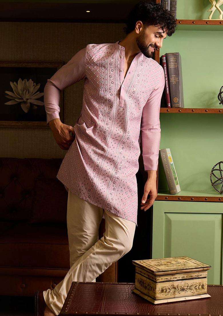 Pink Embroidered Silk Blend Kurta Set For Men - Indya