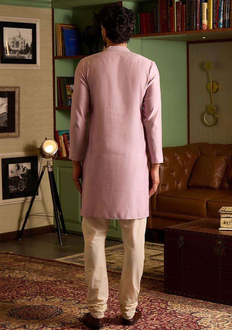 Pink Embroidered Silk Blend Kurta Set For Men - Indya