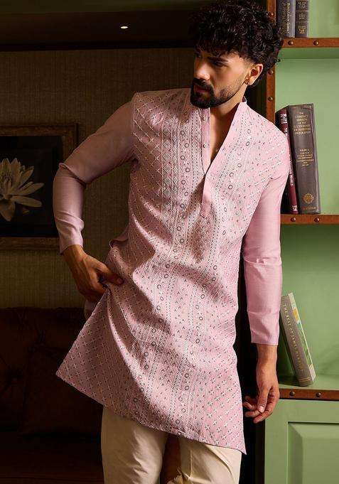 Pink Embroidered Silk Blend Kurta Set For Men